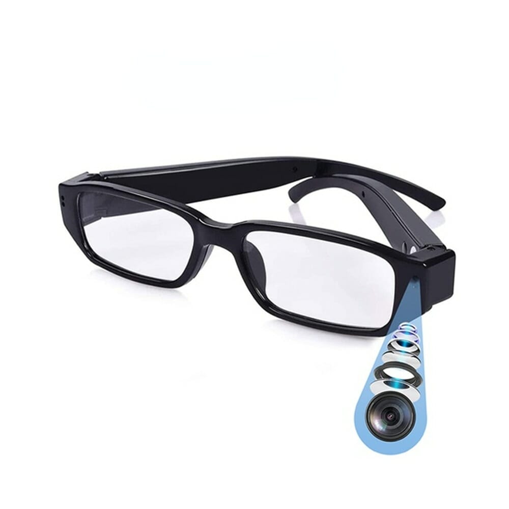 A pair of glasses with a hidden camera attached to them.