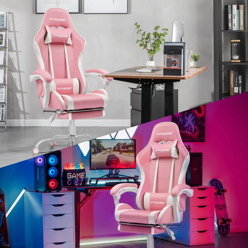Pink gaming chair with cushion on neck and lumbar position to relieve pain