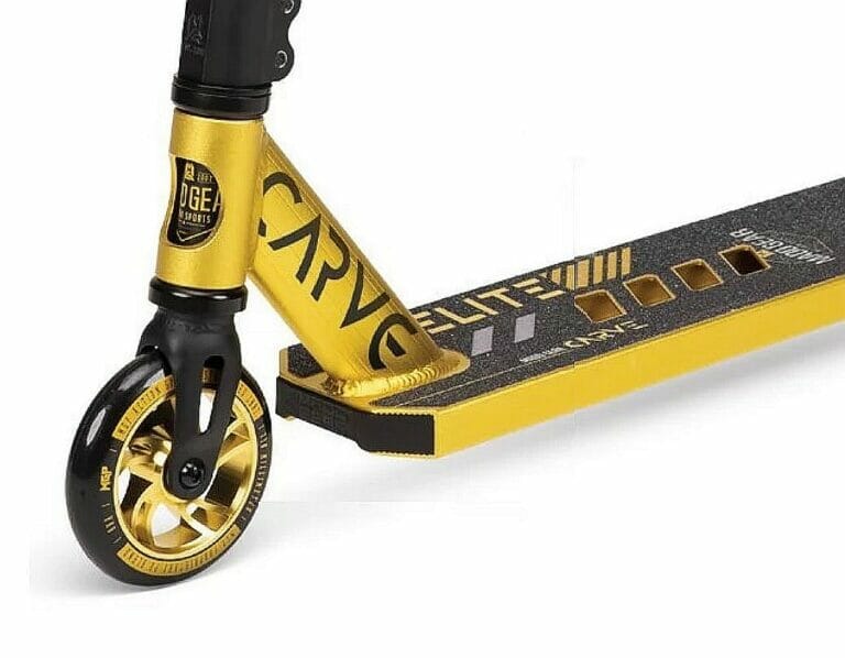 A gold and black electric scooter.
