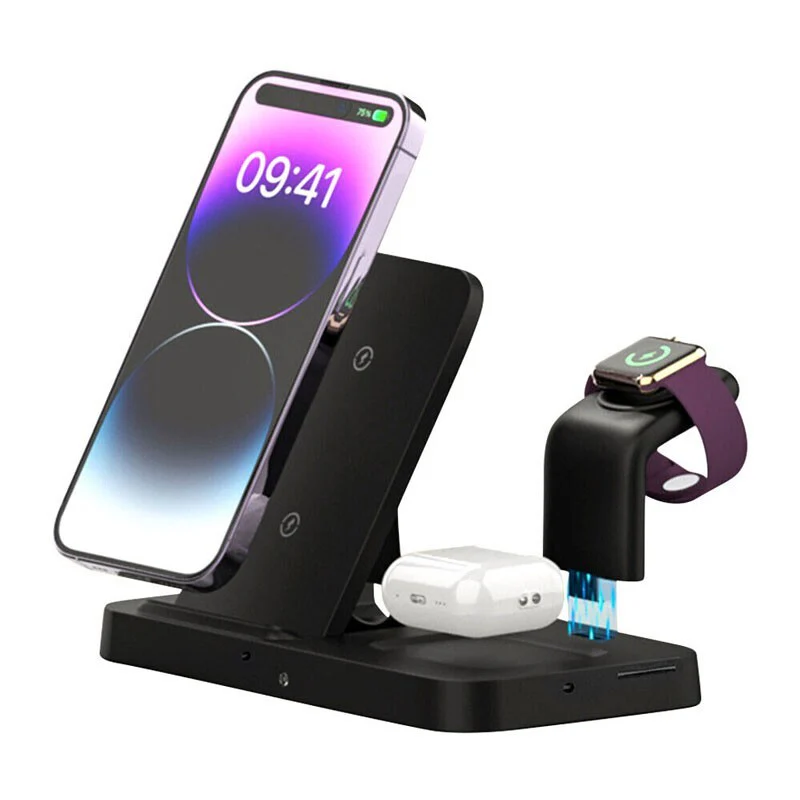 A black multi-device charging station holds a smartphone, a smartwatch, and wireless earbuds, all charging simultaneously—perfect for pairing with a discreet camera to keep your space secure without drawing attention.