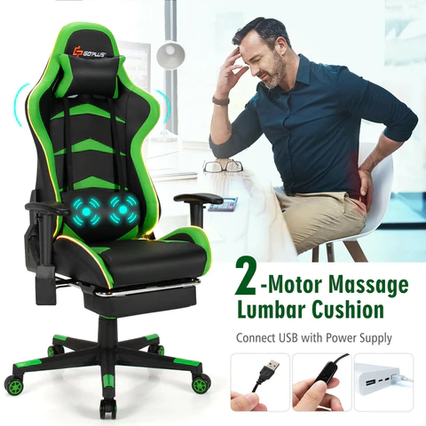 Green gaming chair with 2 motor massage lumbar cushion to reduce your pain