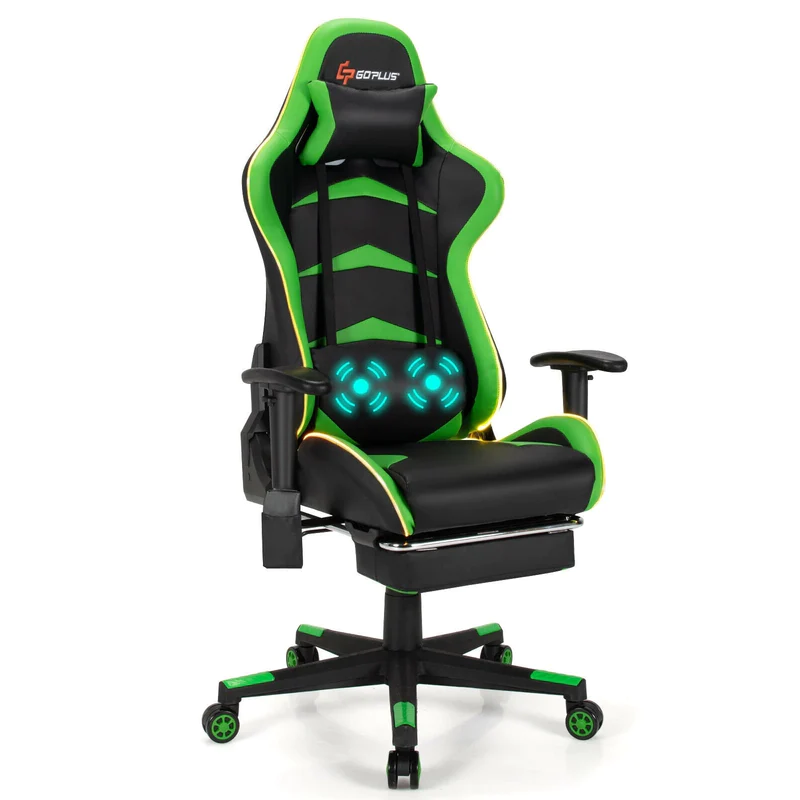 flashing green gaming chair with motor massager to relieve your lumbar pain
