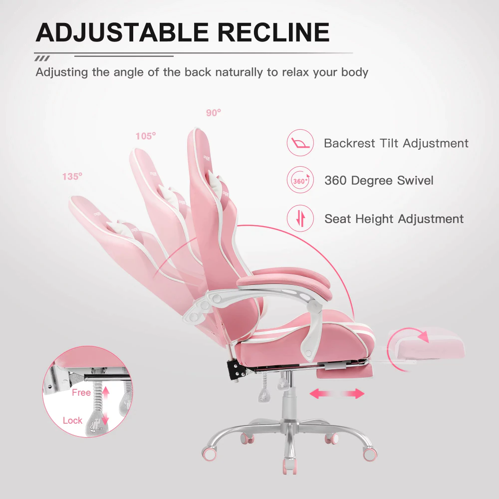 Pink gaming chair with adjustable recline and backrest tilt to reduce pain