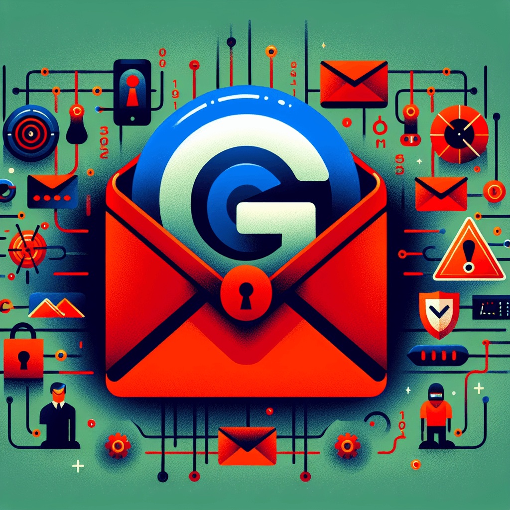Illustration of a Gmail icon inside a red envelope, surrounded by symbols of email security like strong password protection, notifications, and interconnected digital elements on a green background.