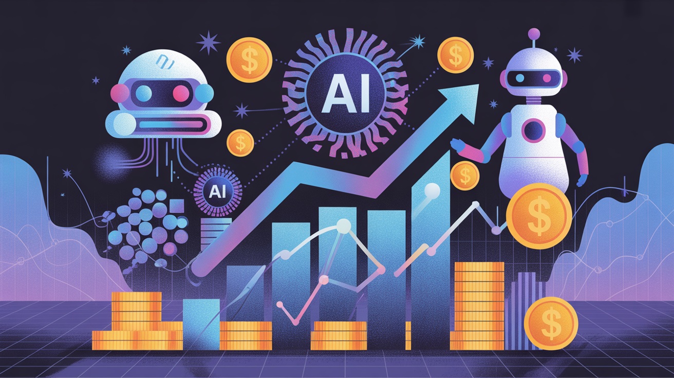 Illustration of robots, AI symbols, and upward graphs surrounded by stacks of coins and dollar signs, highlighting how AI can help make money and drive financial growth.