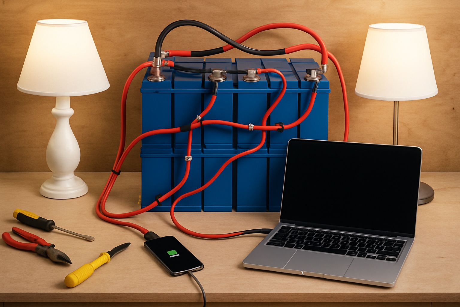 A large blue DIY battery with red and black cables powers a laptop and a phone on a desk, surrounded by lamps, tools, and a wooden backdrop.
