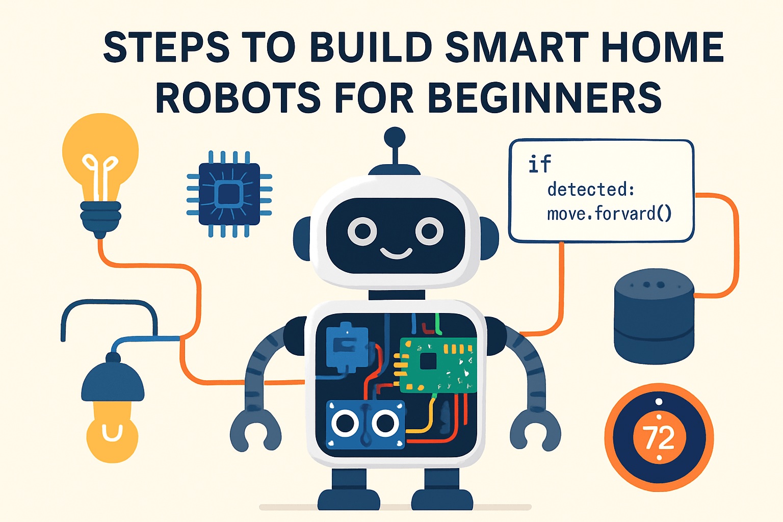 Illustration of a smiling robot with circuit components, smart devices, and a code snippet, titled "Steps to Build Smart Home Robots for Beginners"—perfect for those interested in robotics and DIY kits.