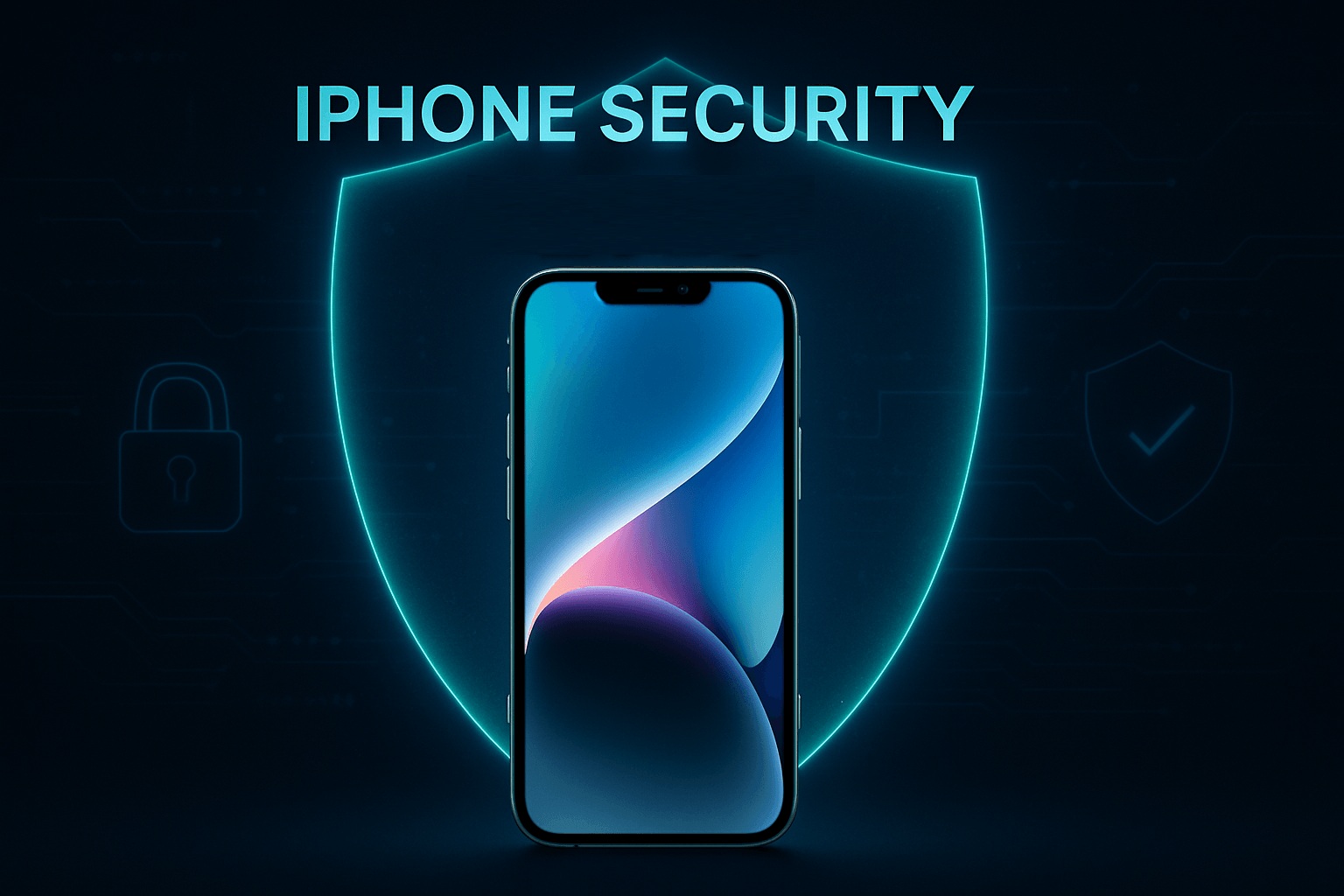 A smartphone is displayed in front of a glowing shield graphic with the text "IPHONE SECURITY" above, highlighting how to protect iPhone devices from malware. Subtle icons of a lock and a shield appear in the background.