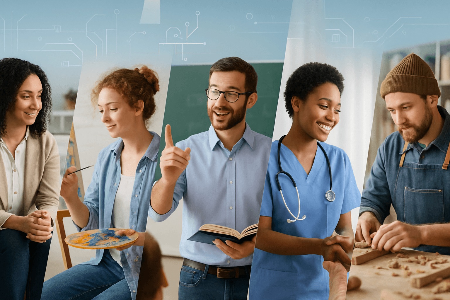 A collage of four professionals: a counselor talking, an artist painting, a teacher speaking, a nurse smiling, and a craftsman working with clay—roles where an AI replace job remains unlikely due to the human touch they require.