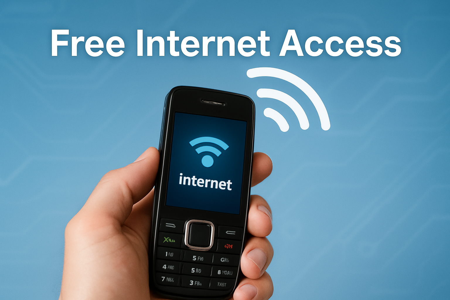 A hand holds a mobile phone displaying an internet icon, with the words "Free Internet Access" and a Wi-Fi symbol on a blue background.