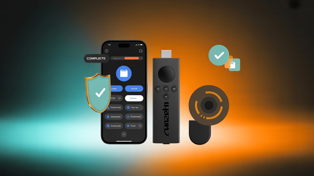 A smartphone, a remote control device, and a circular dongle—resembling a free Fire Stick—are displayed with shield and checkmark icons on a blue and orange gradient background.