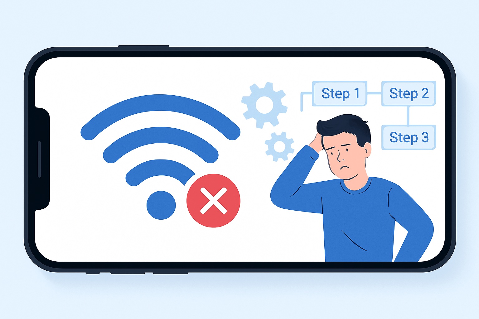 A person appears confused next to a WiFi symbol with an error mark on an iPhone screen, suggesting they fail to connect WiFi, with gears and labeled steps in the background.