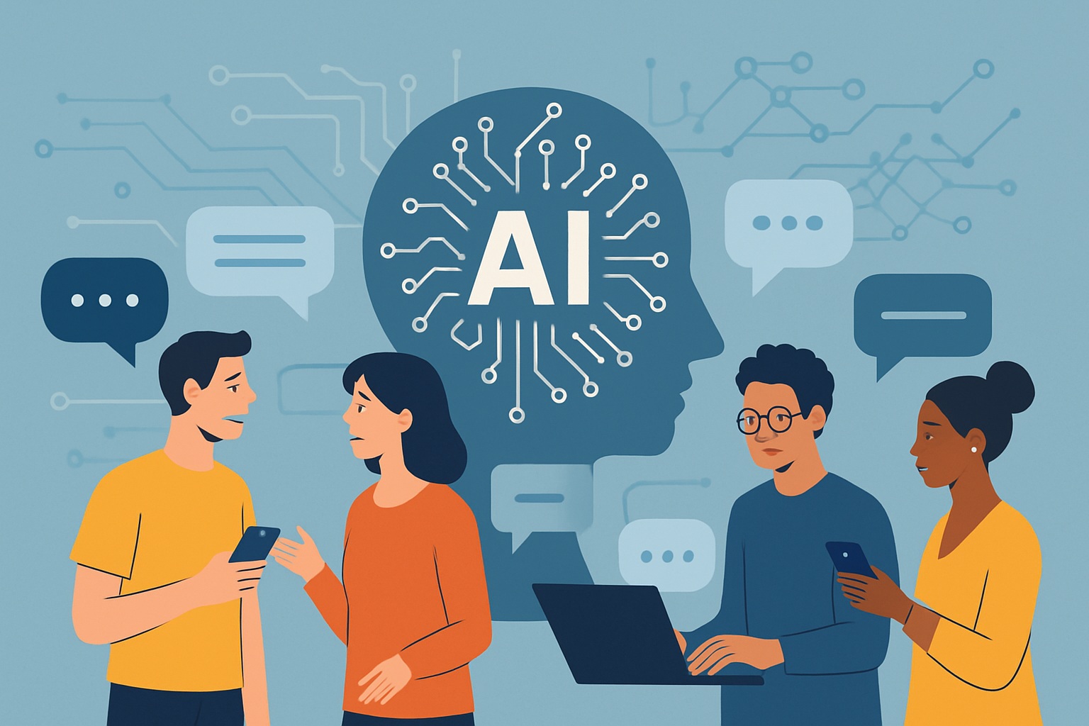 Four people engage in conversation and use smart devices in front of a large AI symbol and a digital brain illustration, representing artificial intelligence and technology.