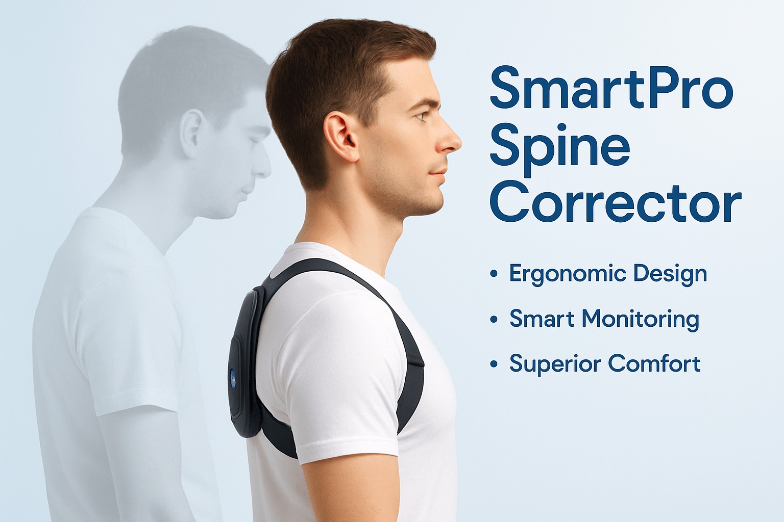 A man wears a posture corrector device on his back to help relieve pain. Text reads: "SmartPro Spine Corrector - Ergonomic Design, Smart Monitoring, Superior Comfort." A faded side-view image is in the background.