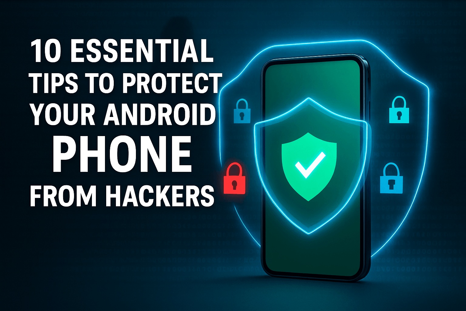 A smartphone with a shield icon appears next to the text: "10 essential tips to protect your Android phone from hackers," with padlock graphics in the background, emphasizing ways to prevent phone hacking.