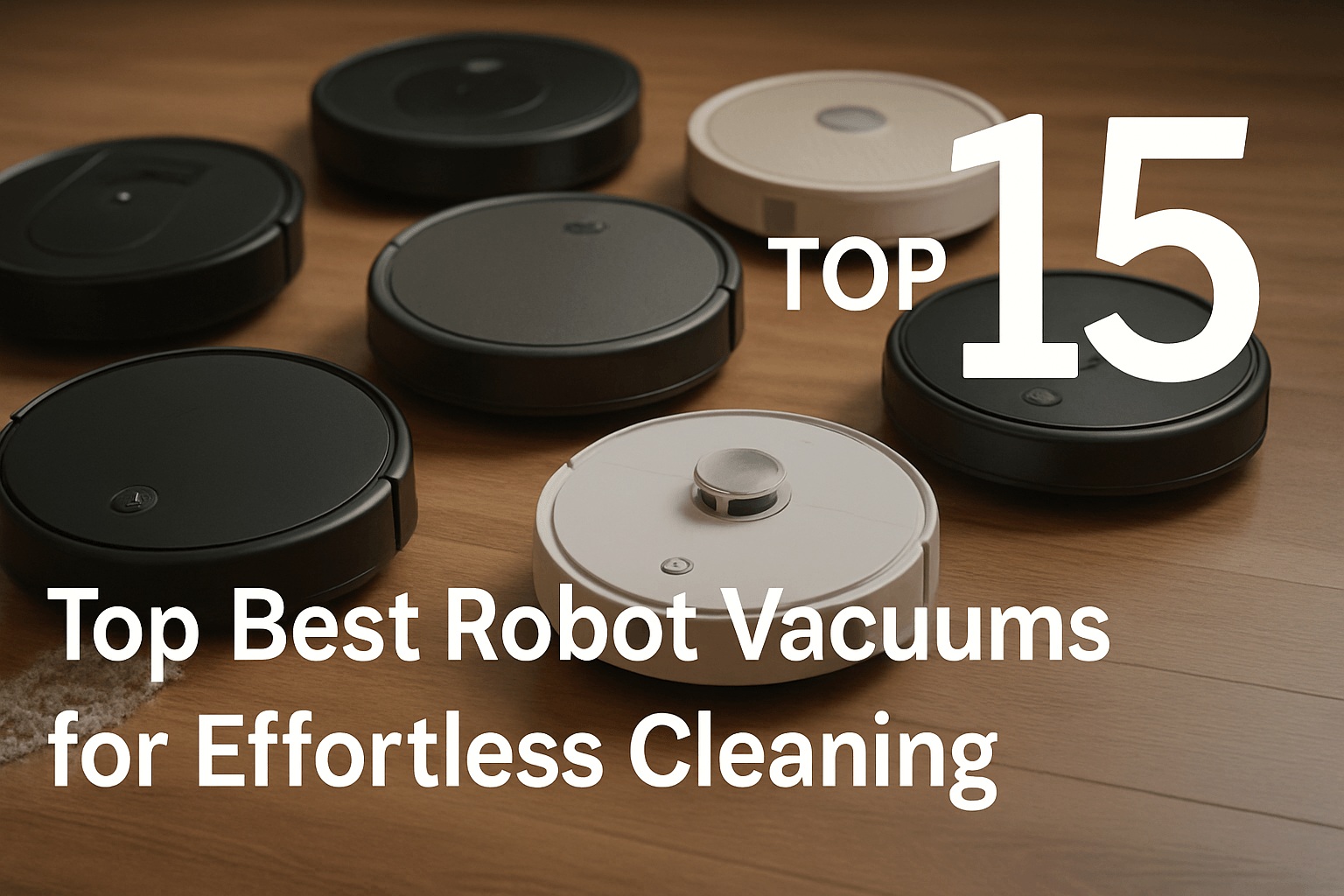 Seven robot vacuums are arranged on a wooden floor with text overlay reading "Top 15 Best Robot Vacuums for Effortless Cleaning"—discover the best robot vacuum options for easy and efficient cleaning.