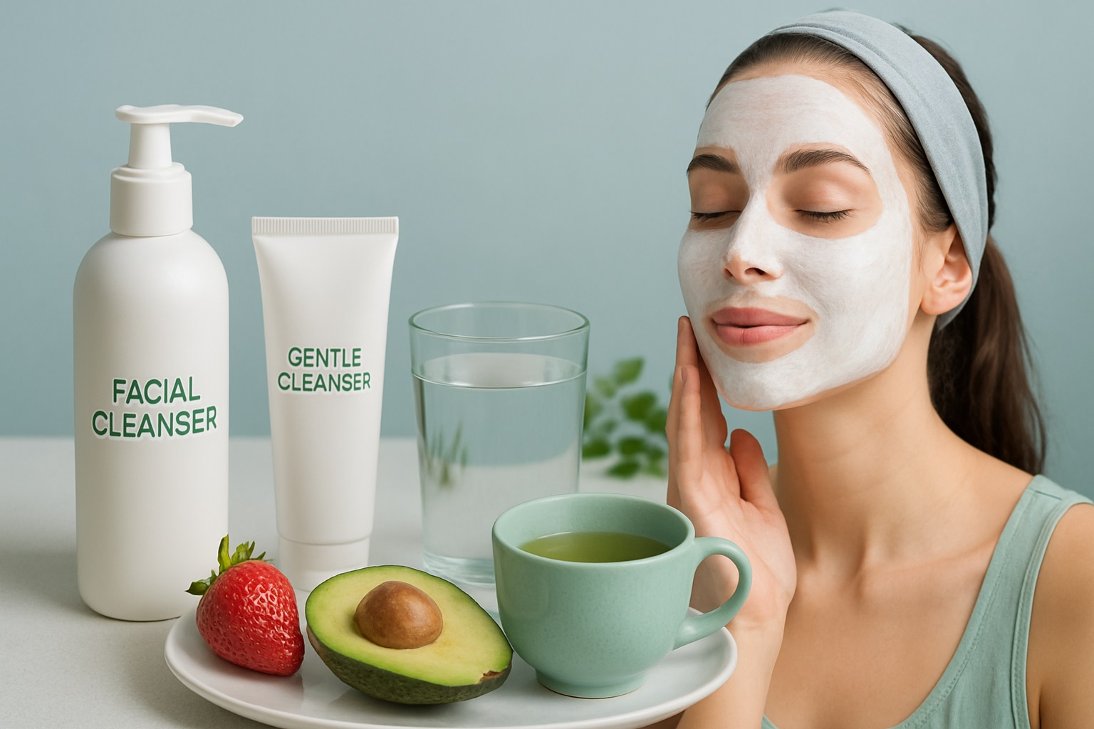 A woman with a white face mask sits with a plate holding an avocado, strawberry, cup of tea, and a glass of water. Bottles labeled "Facial Cleanser" and "Gentle Cleanser" are nearby.