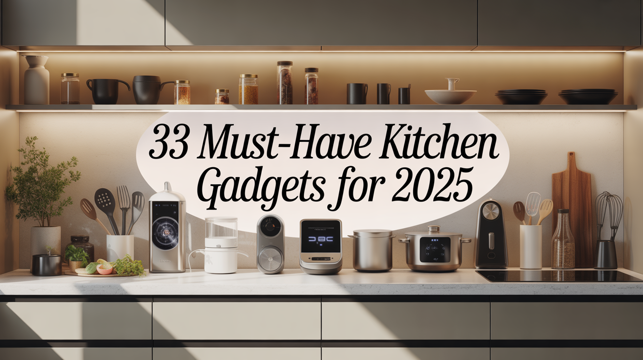 A modern kitchen countertop displays various high-tech kitchen gadgets, with the text "33 Must-Have Kitchen Gadgets for 2025" overlaid in large font.