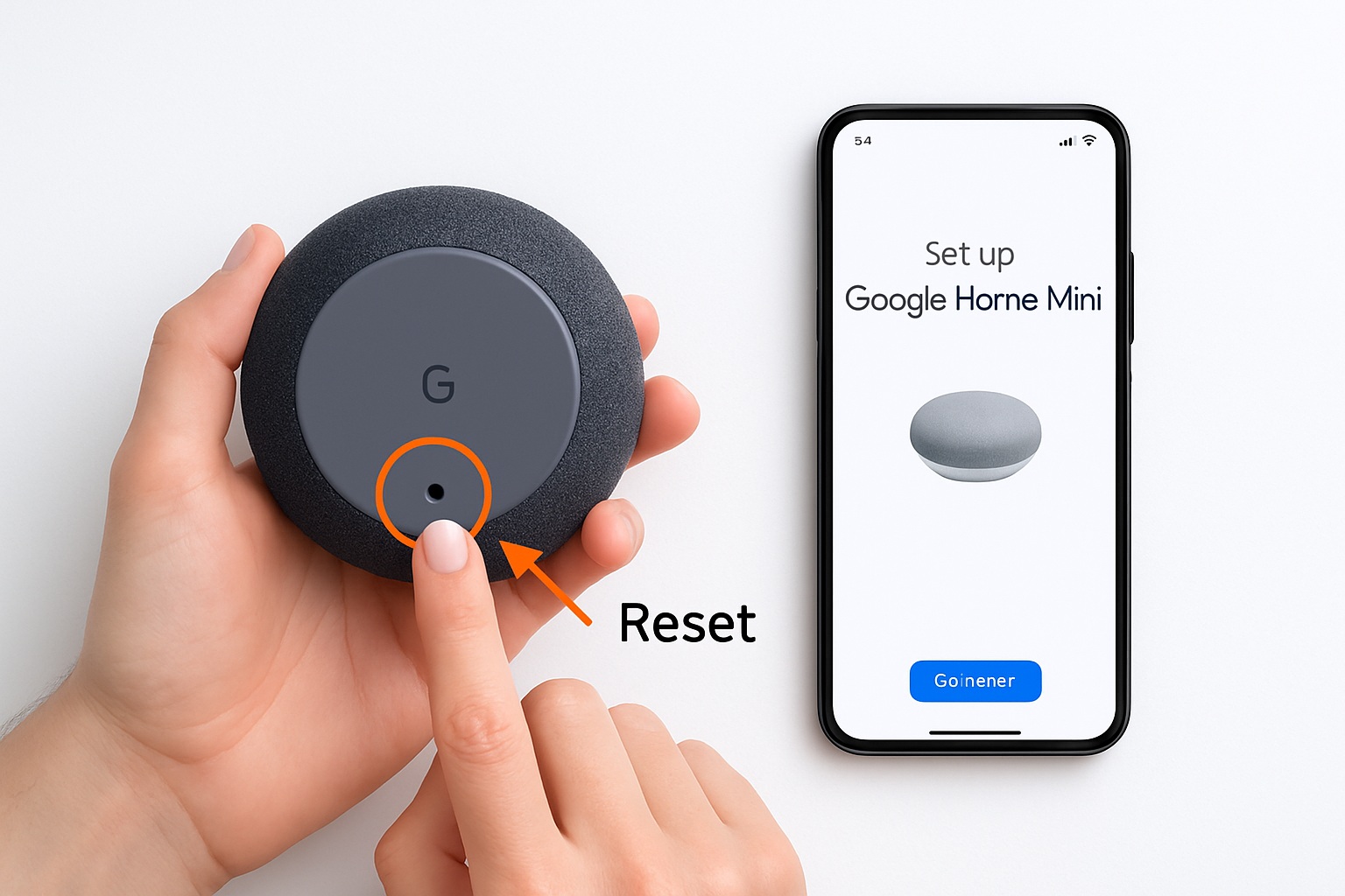 A hand presses the reset button on a Google Home Mini, with a phone nearby displaying the setup screen for the device.