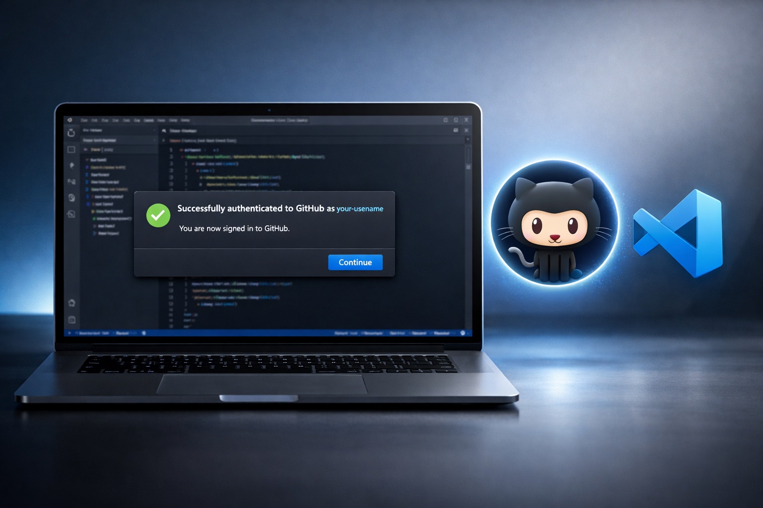 A laptop screen displays a GitHub authentication success message in Visual Studio Code, with GitHub and VS Code logos shown to the right.