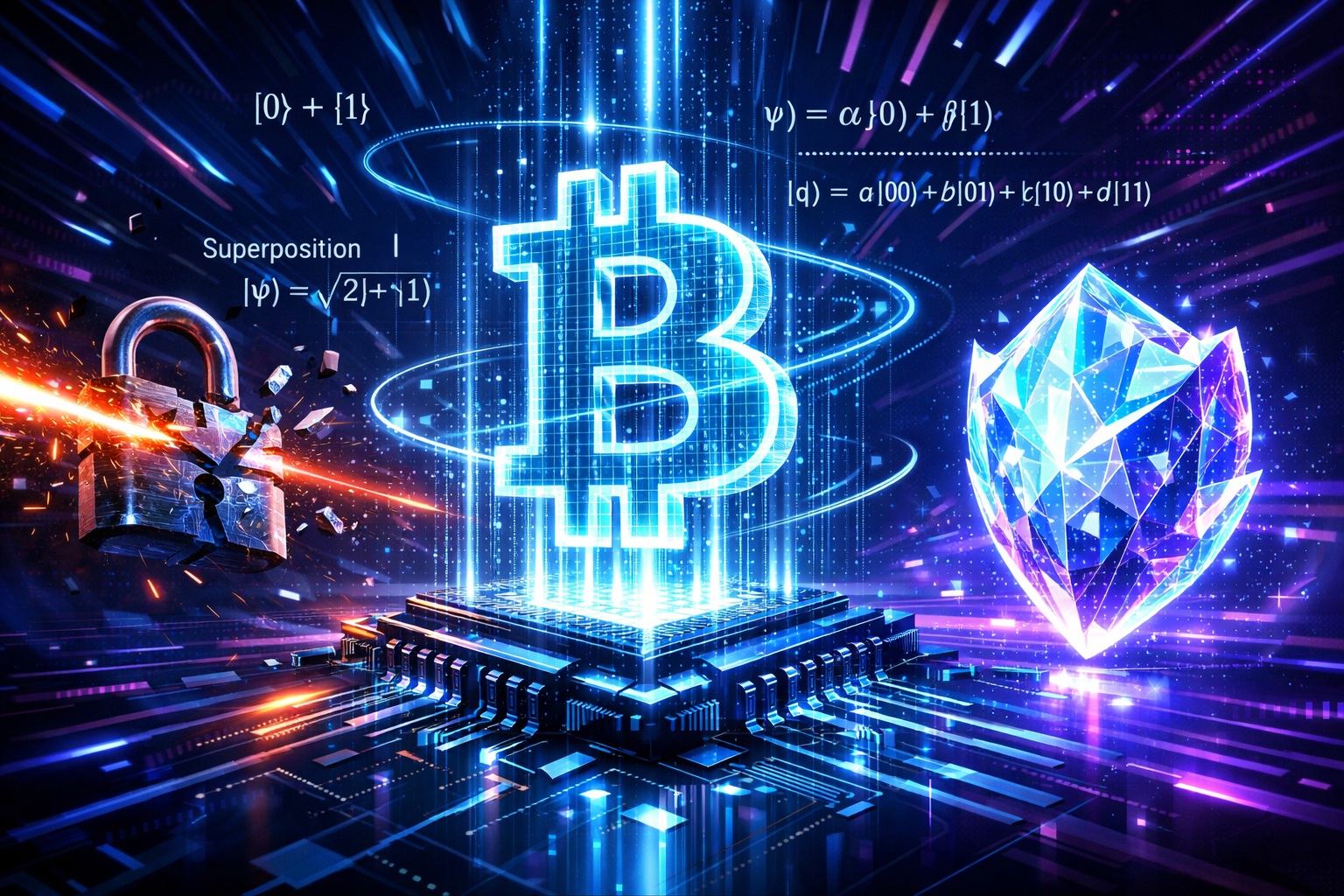 A glowing Bitcoin symbol on a microchip, a digital padlock, and an Ethereum logo, with quantum and blockchain equations around a futuristic, high-tech background.