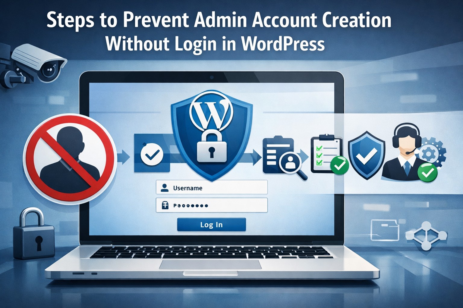 A graphic showing steps and security icons for preventing admin account creation without login in WordPress, with a login screen on a laptop and shield, lock, and checklist symbols.