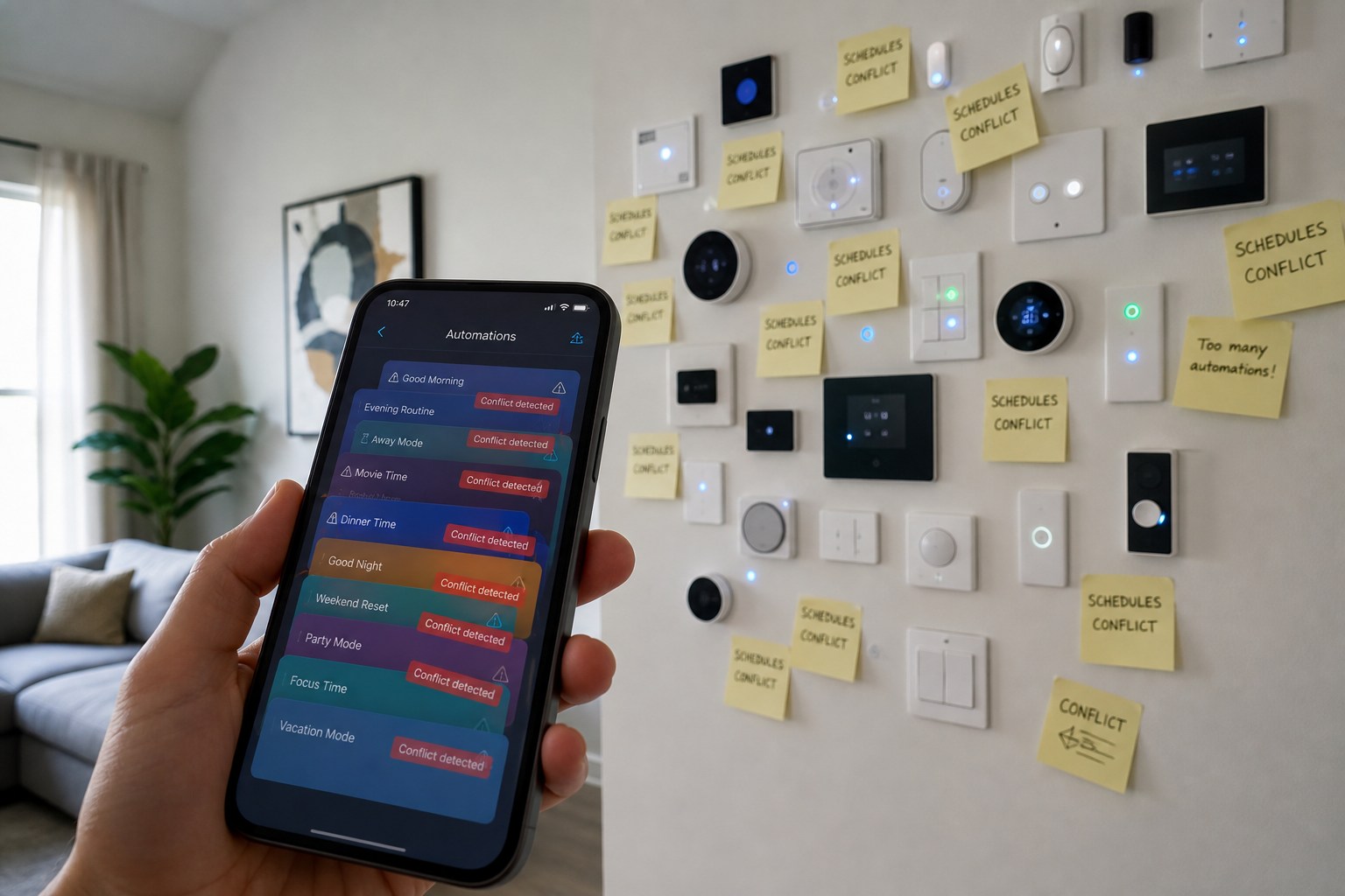 Wall of smart switches and a phone showing conflicting overlapping automation routines, illustrating the mistake of automating too much too soon.