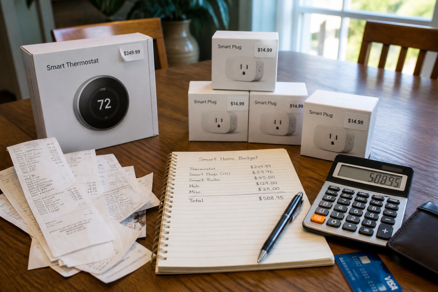 Budget notebook, calculator, receipts, and mixed smart home devices showing cost tradeoffs and overspending risks.