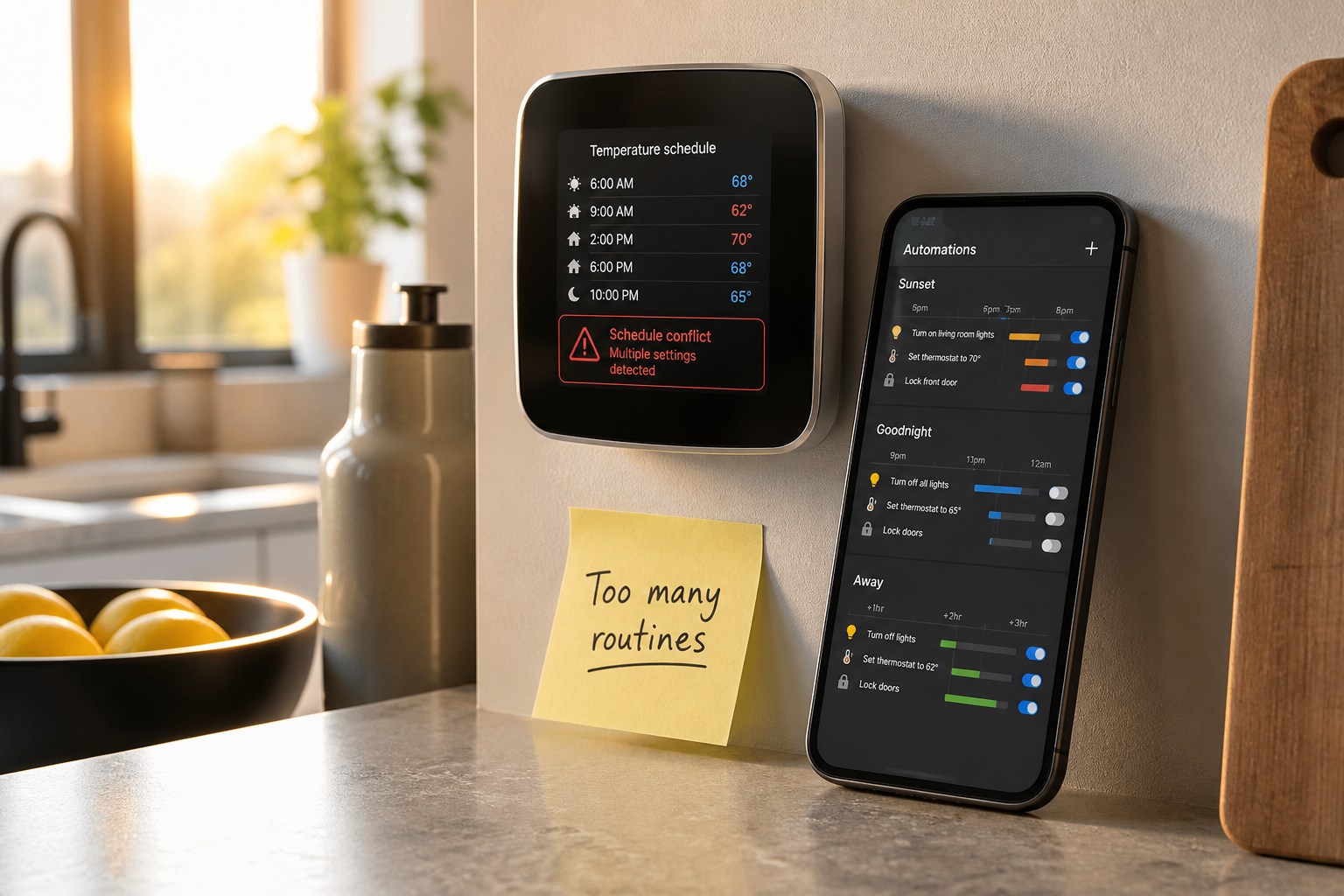Smart thermostat showing conflicting schedules beside a phone with overlapping automation routines, illustrating smart home automation mistakes.