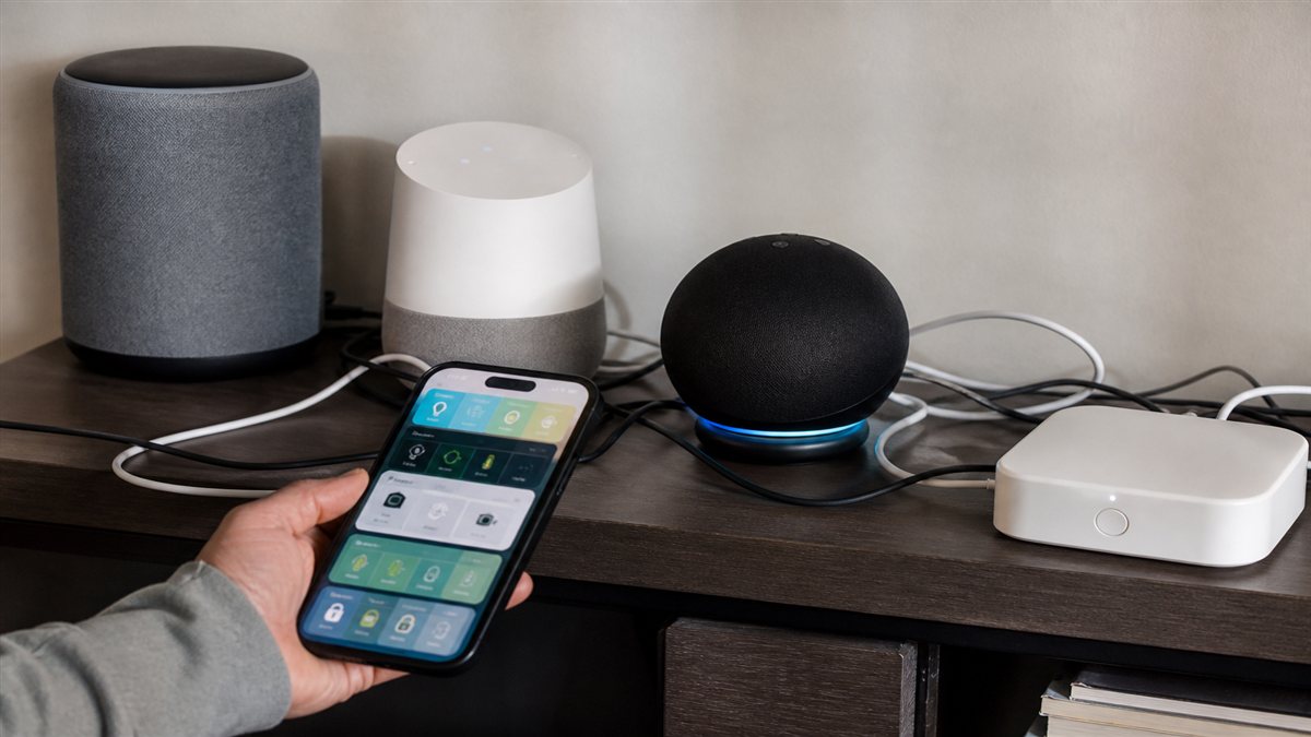 Multiple smart speakers and hubs with conflicting control apps, illustrating ecosystem compatibility mistakes.