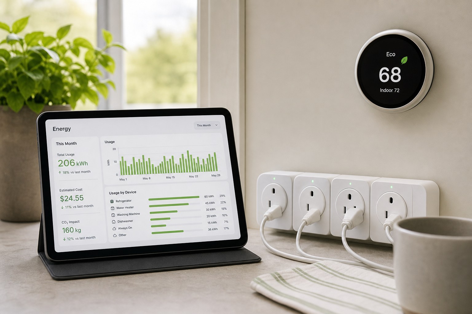 Home energy monitor graph beside always-on smart plugs and an eco-mode thermostat, illustrating smart home energy consumption.