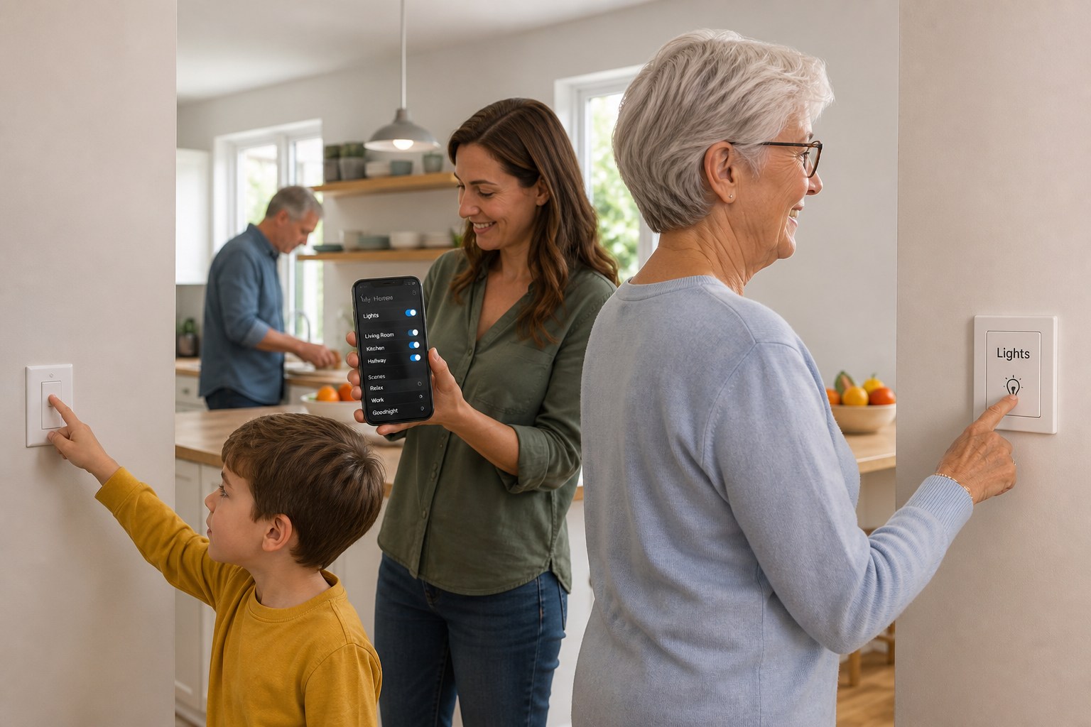 Multi-generational family using a physical light switch, phone app, and large wall button, illustrating inclusive smart home user experience.
