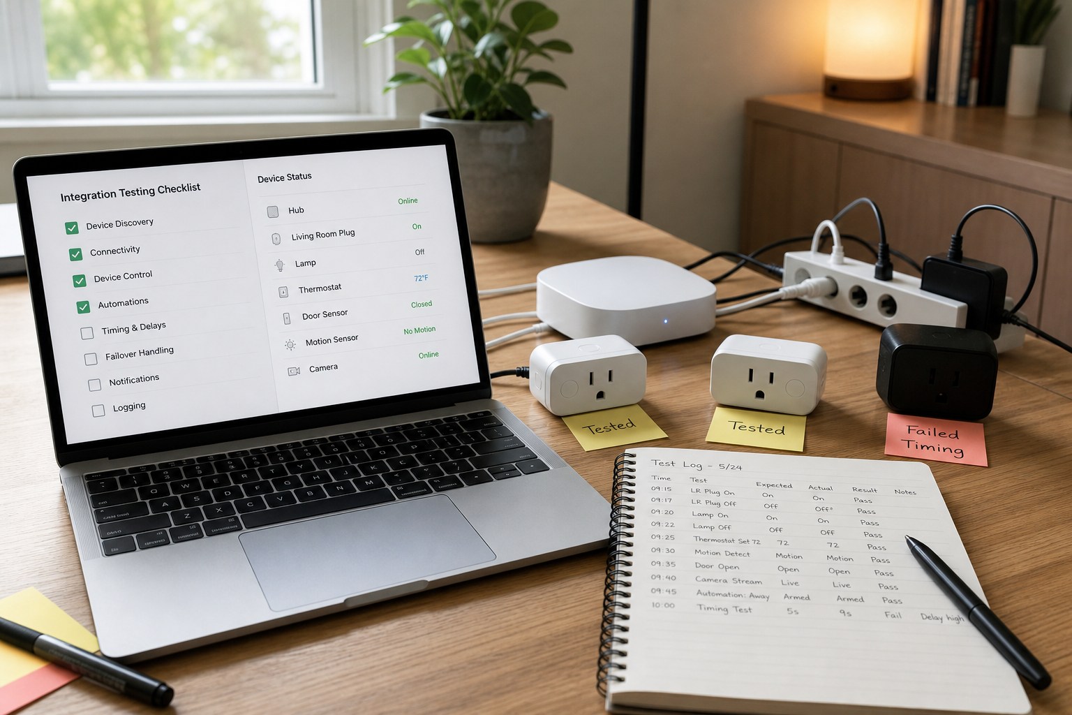 Home office desk with laptop checklist, smart plugs, and test notes for smart home integration testing before going live.
