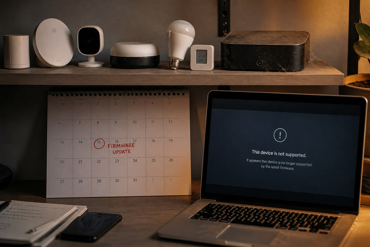 Older smart home devices beside a firmware update calendar and unsupported device warning, illustrating long-term maintenance needs.