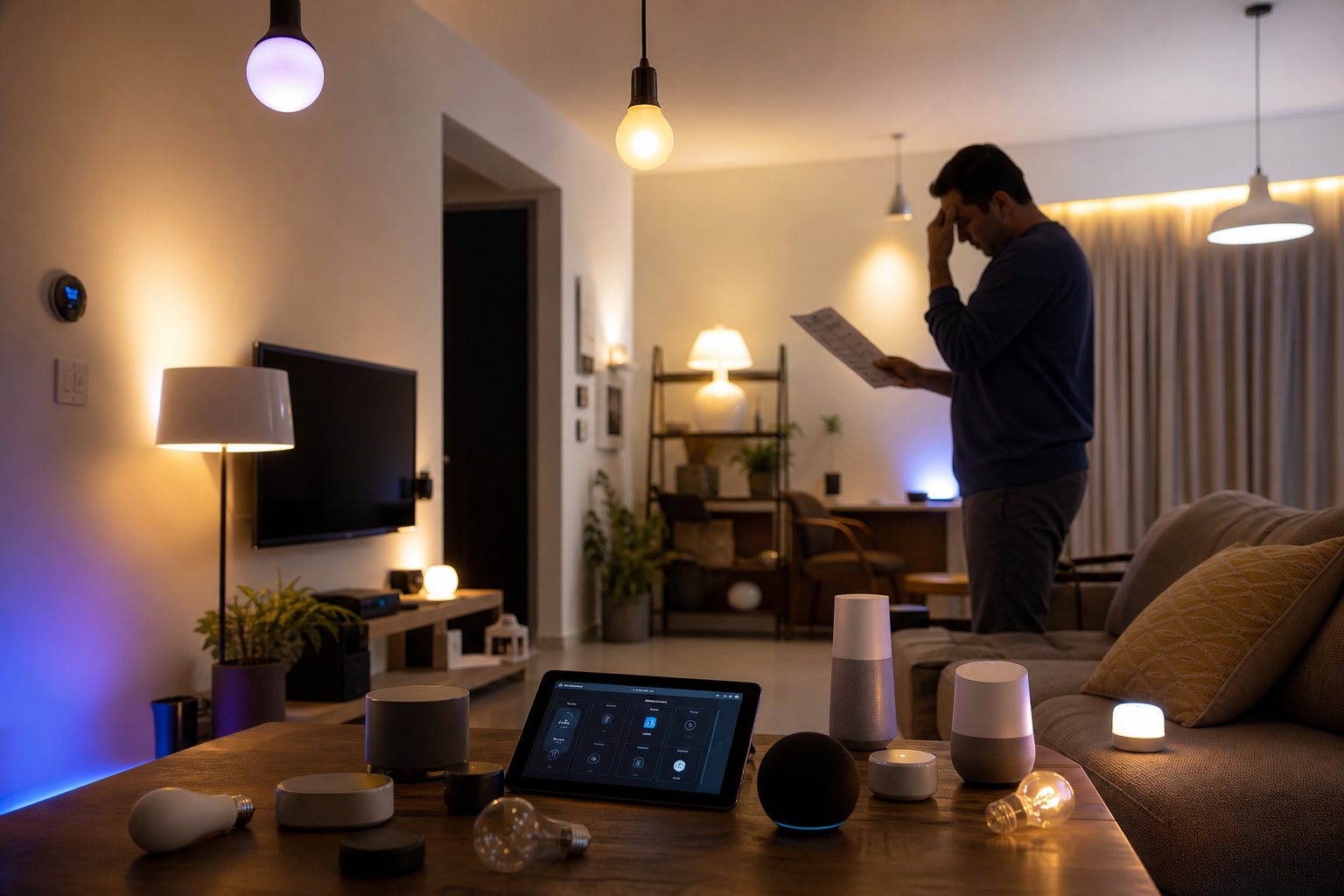 Chaotic modern living room smart home setup with mismatched devices and conflicting automation apps, illustrating common smart home automation mistakes.