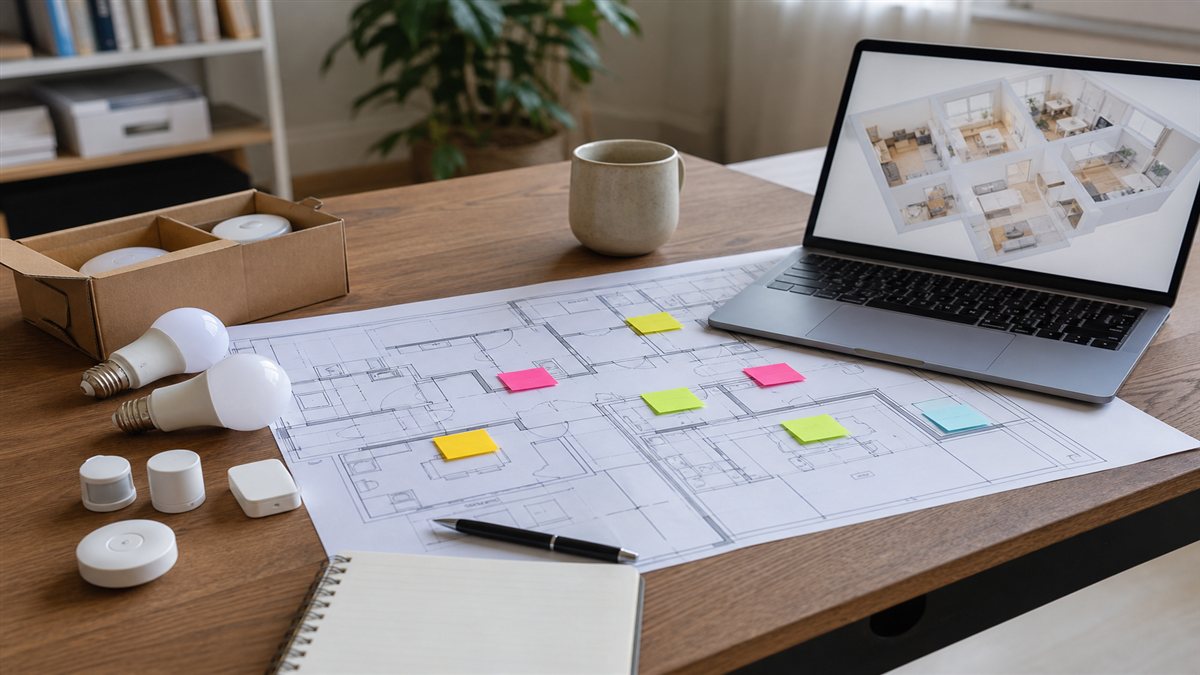Home floor plan and unboxed smart devices arranged for careful smart home automation planning before purchase.