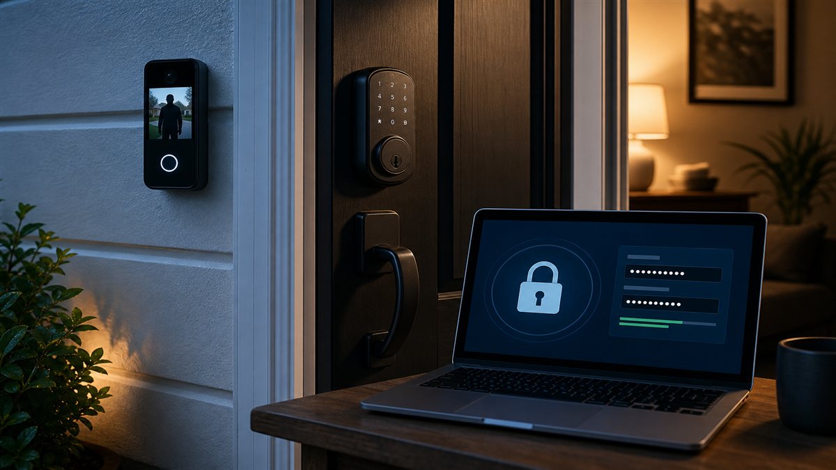 Smart door lock and video doorbell with a laptop security password screen, illustrating smart home security and privacy concerns.