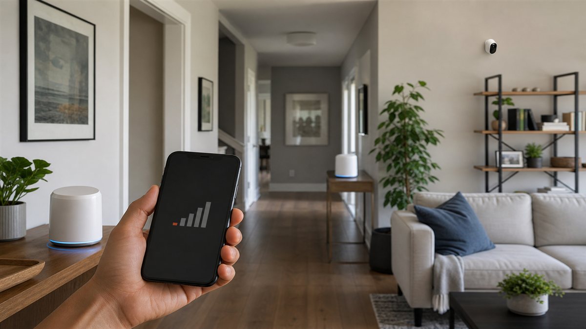 Mesh Wi-Fi routers and a distant smart camera with weak signal, illustrating home Wi-Fi infrastructure issues for smart homes.
